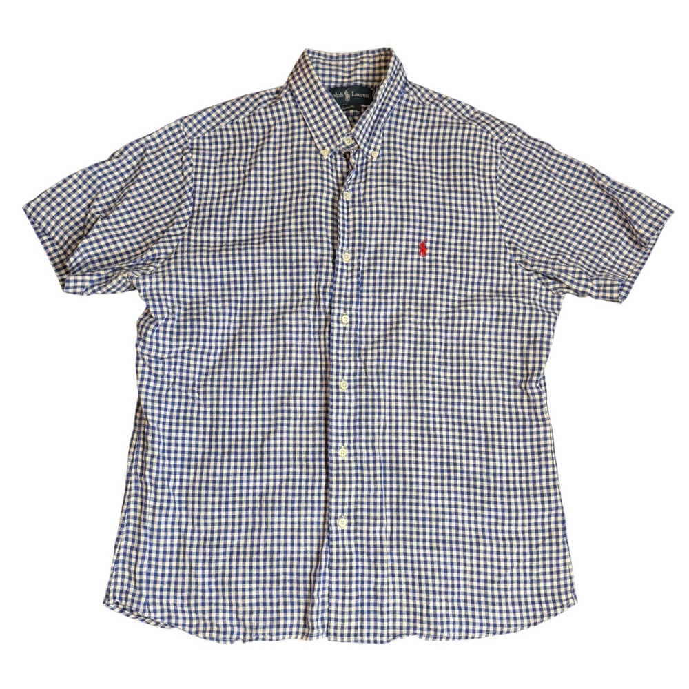 Polo Ralph Lauren Linen Shirt Mens Large Blue Gingham Short Sleeve Custom Fit